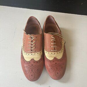 Women Dusty Pink & Cream Leather Handmade Lace Up Baroque Oxfords Size 6 / 36